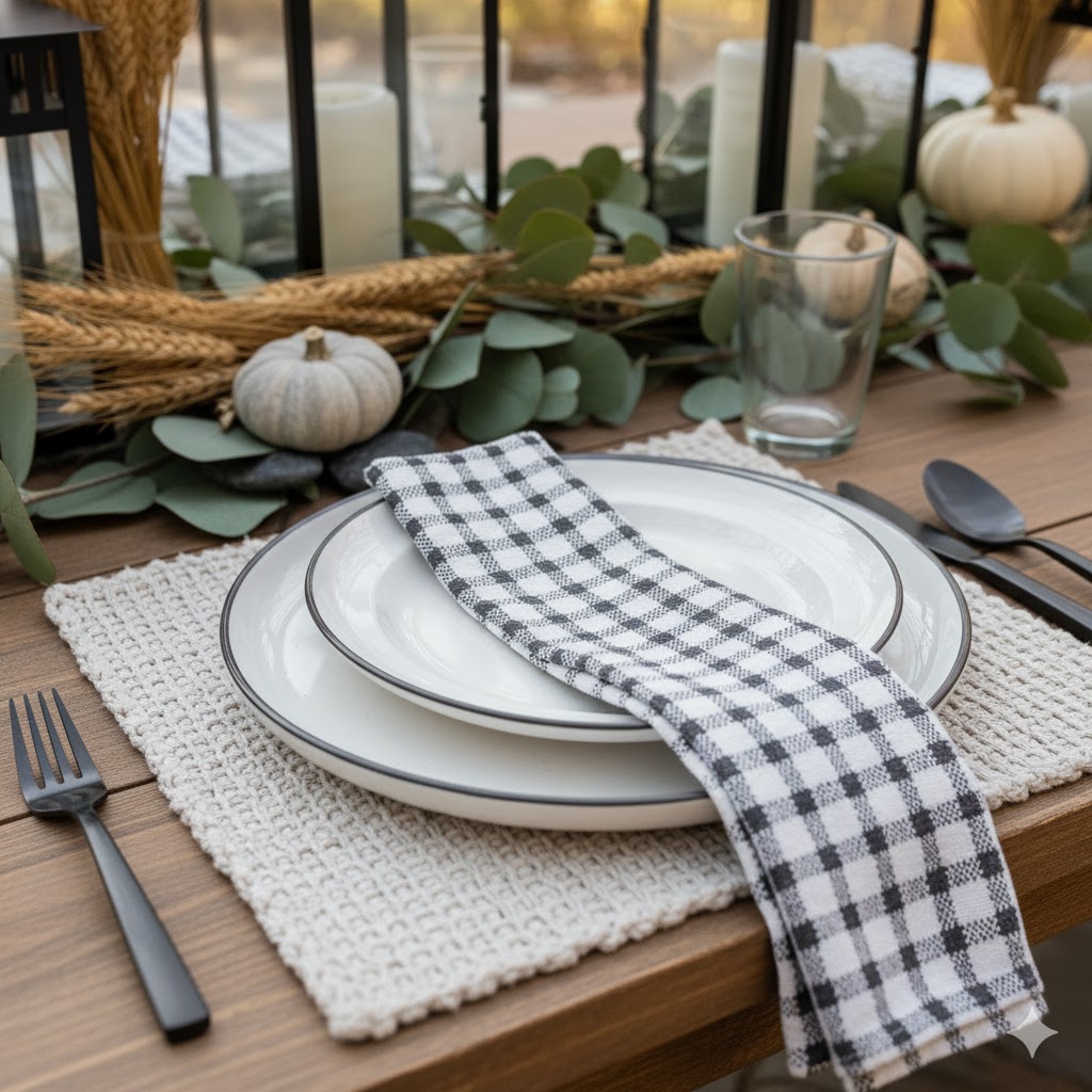 individual placesetting in black and white on a wood table