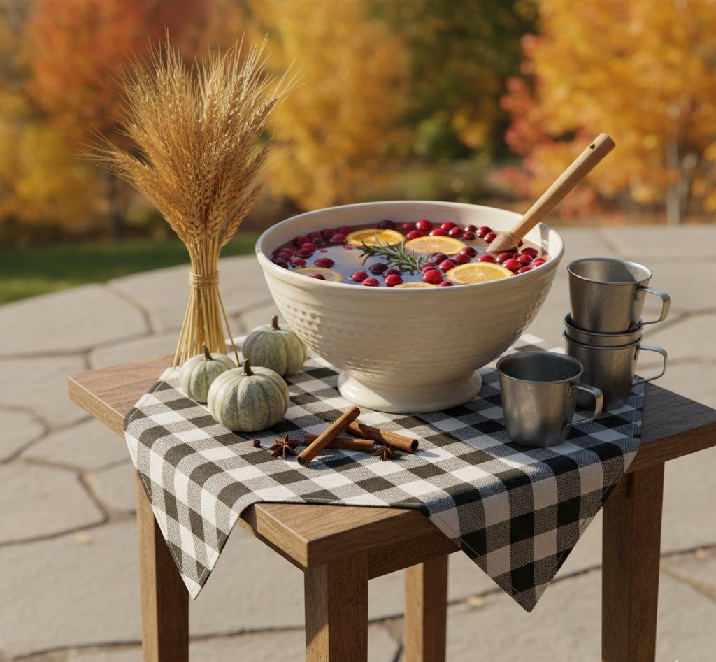 A pottery punch bowl with wooden ladle on a patio side table
