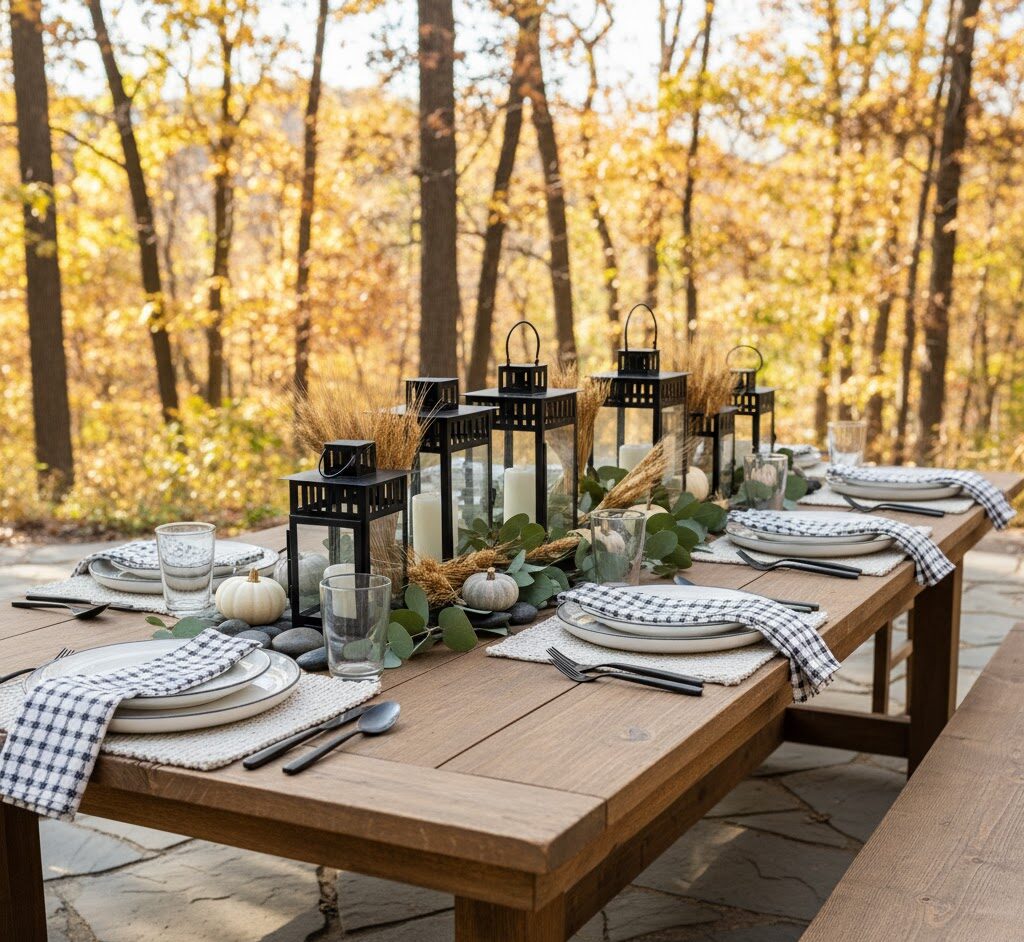 A long wooden table on a patio in fall with a black and white tablescape theme