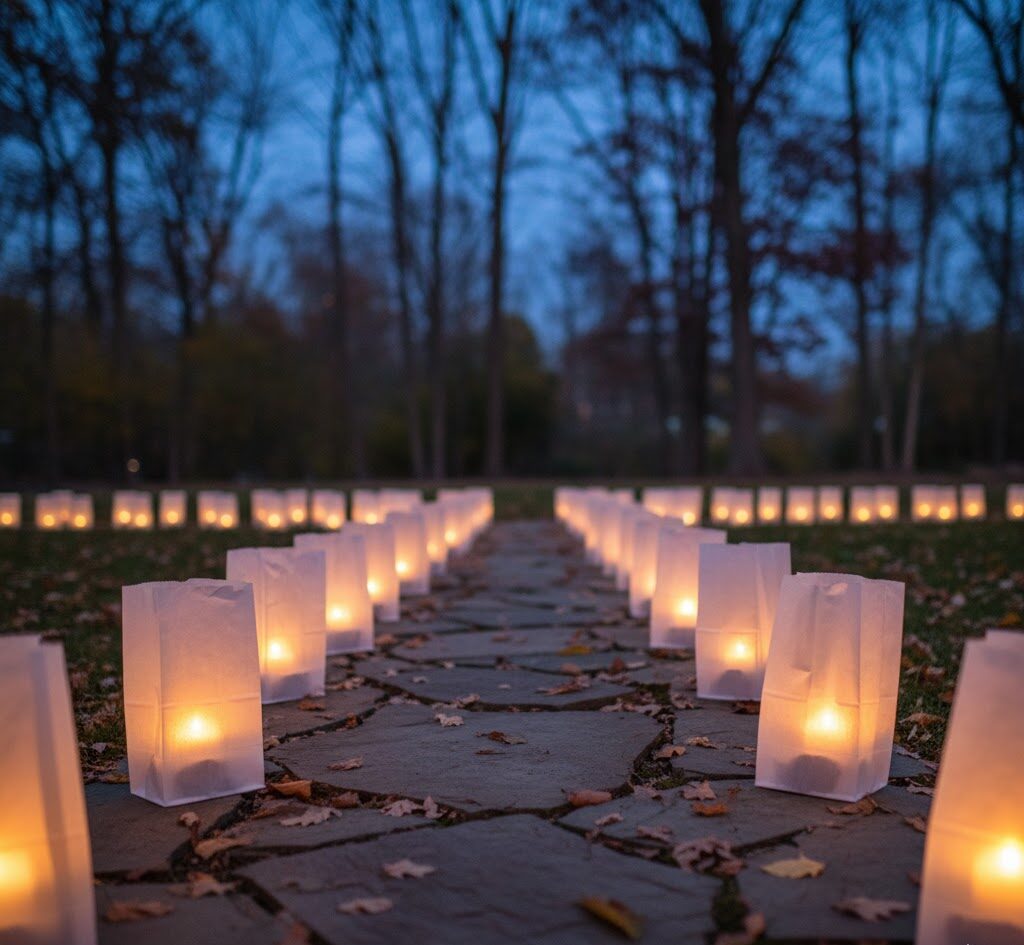 luminarias lining a path to a backyard Thanksgiving dinner