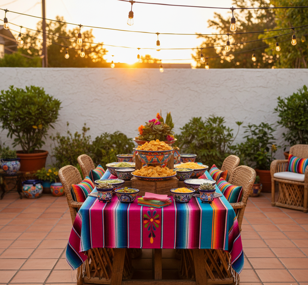 Outdoor backyard patio at sunset with string lights and colorful decor, terracotta floor tiles, rustic wood table covered with bright Mexican textiles, woven chairs, and a Talavera-style nacho bar setup