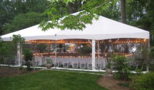 large backyard rented tent for several dining tables