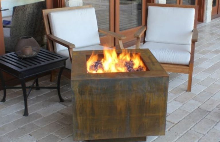 steel fire pit table with hidden propane tank and 55000 BTUs