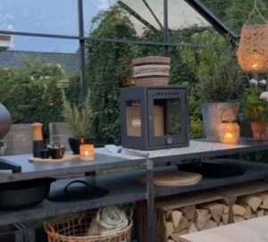 candle lanterns on outdoor kitchen counter