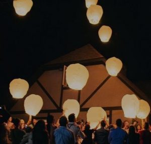 backyard with sky lantern activity