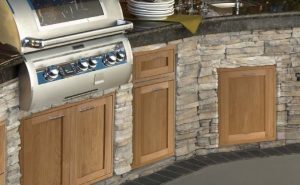 outdoor cabinets with teak access doors in stone veneer weatherproof