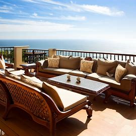 patio furniture on deck overlooking ocean