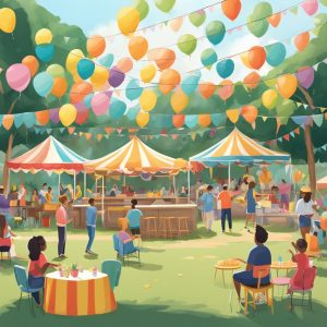 A photo of a lively backyard party with tents, balloons and people having fun