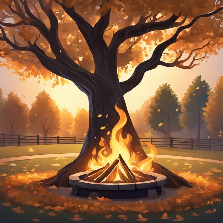 an image of a single tree in a clearing with a fire pit burning alongside