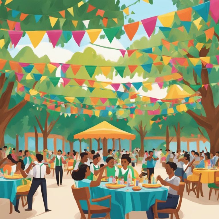 An image of a festival in a backyard setting with flags, seating and umbrellas.