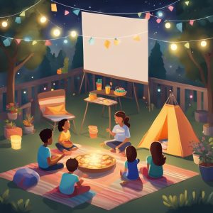 An image of kids enjoying an outdoor party with a movie screen