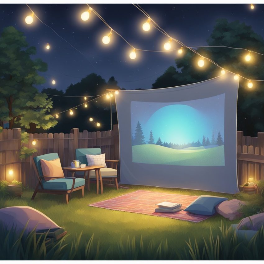 an image of a backyard with a large movie screen and seating