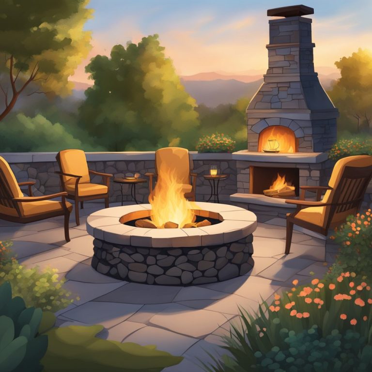 an image of a patio with both a fire pit and fireplace in the backyard