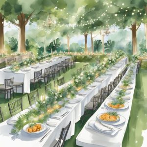 An image of an outdoor wedding with long banquet tables.