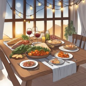 An image of a table inside a tent with food and tablesettings and string lights
