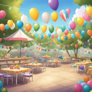 An image of an outdoor patio set up with tables and balloons for a birthday party