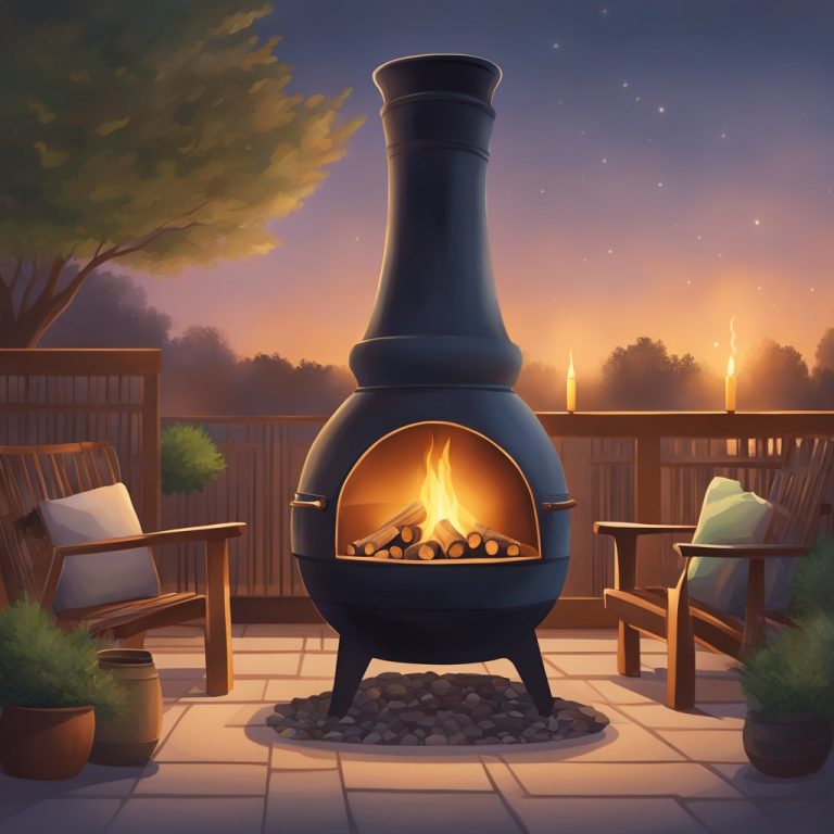 an image of a large chiminea on a patio deck with a fire burning inside.