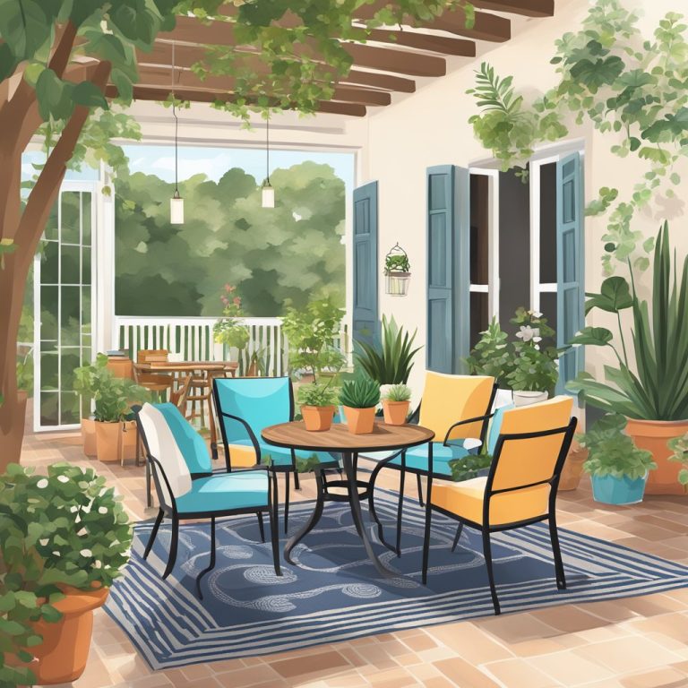 An image of a patio dining set located under a pergola on a patio deck.