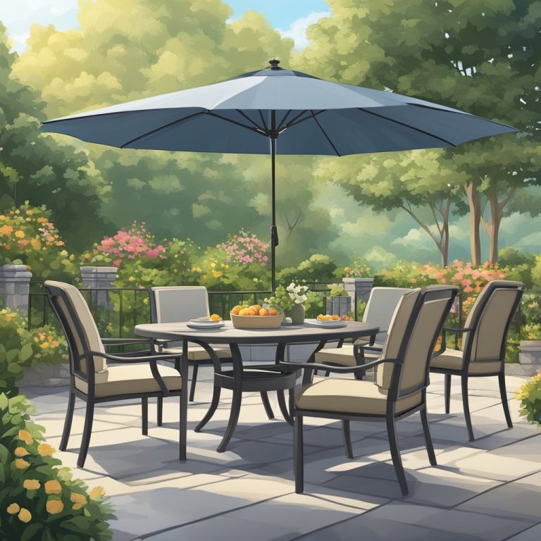 An image of a patio dining set that will withstand all kinds of weather made from cast aluminum.