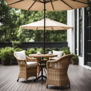 Image of an outdoor deck with a wicker table and chair set.