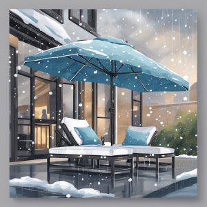 An image showing the types of furniture that can withstand rain and snow featuring two chaises and an umbrella.