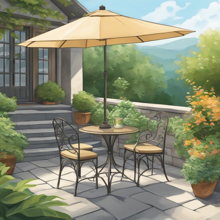 An image of a patio dining set with wrought iron table and chairs with a patio umbrella.