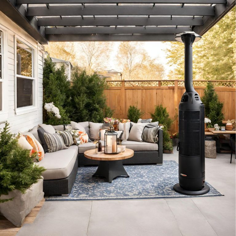 an image of a tall patio heater under a pergola on a patio with seating