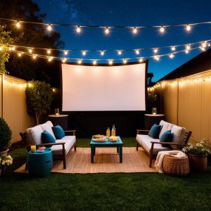 A cozy backyard set up with string lights, a large screen, and comfortable seating. A table with snacks and drinks is nearby, and the night sky is clear with twinkling stars