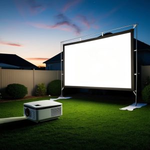 A backyard at dusk. A large white movie screen is being set up on one end, while a projector is positioned on the opposite side, ready to cast a movie onto the screen