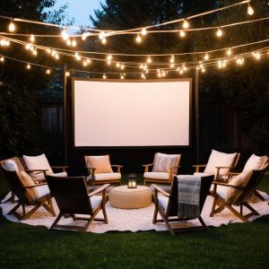 A group of chairs and blankets arranged in a circle around a large outdoor screen. String lights hang overhead, casting a warm glow over the cozy setup