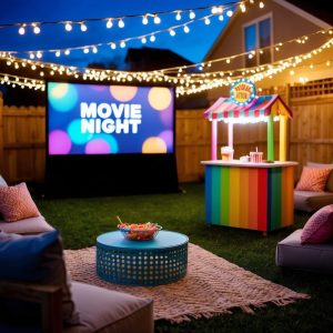 A backyard movie night party with a colorful concession stand and snacks, surrounded by twinkling lights and cozy seating