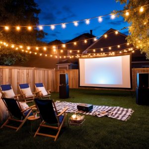 A backyard movie night party with a projector, screen, and speakers set up under string lights. Chairs and blankets are arranged for guests