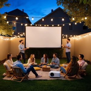 A group of friends set up a large outdoor screen and string lights in a backyard. They arrange cozy seating, prepare snacks, and test the projector before the movie begins