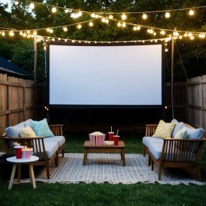 A backyard set up with a large movie screen, string lights, cozy seating, and a snack table with popcorn and drinks 