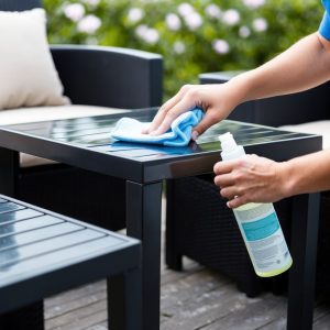 Black patio furniture being cleaned and polished with a soft cloth and cleaning solution. The furniture is being carefully inspected for any signs of wear or damage