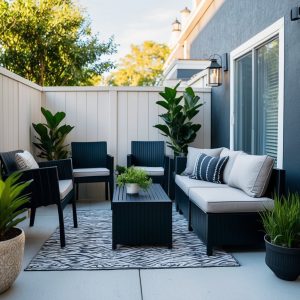 A small patio with black furniture, including a table, chairs, and a sleek outdoor sofa. The furniture is arranged neatly, with potted plants and decorative lanterns adding a touch of greenery