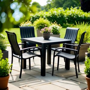 A black patio dining set on a stone patio surrounded by greenery and plants