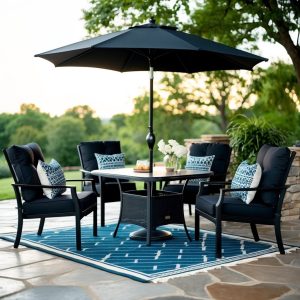 A black patio furniture set is arranged on a stone patio. A large black patio umbrella provides shade and is accessorized with matching throw pillows and a coordinating outdoor rug