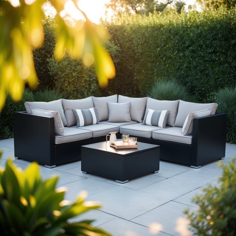 A sleek, modern patio set in black with comfortable cushions, surrounded by lush greenery and bathed in warm sunlight