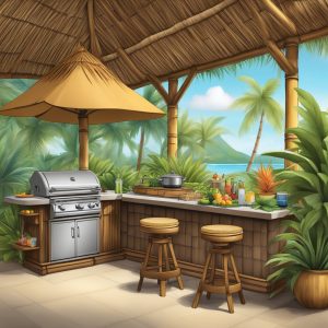 a tiki themed outdoor kitchen