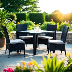 A black patio set sits on a stone terrace, surrounded by lush green plants and colorful flowers. The sun shines down, casting a warm glow on the sleek furniture