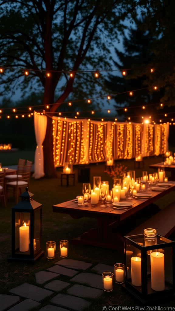 A beautifully lit outdoor event with string lights and candles.