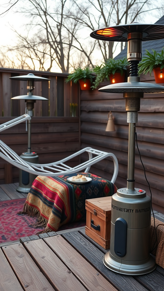 A cozy outdoor space with patio heaters, a blanket, and a snack on a table.