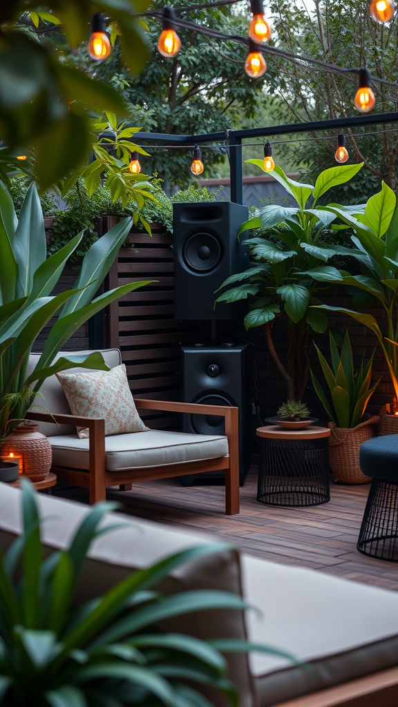 A cozy outdoor seating area with plants and speakers, perfect for entertaining.