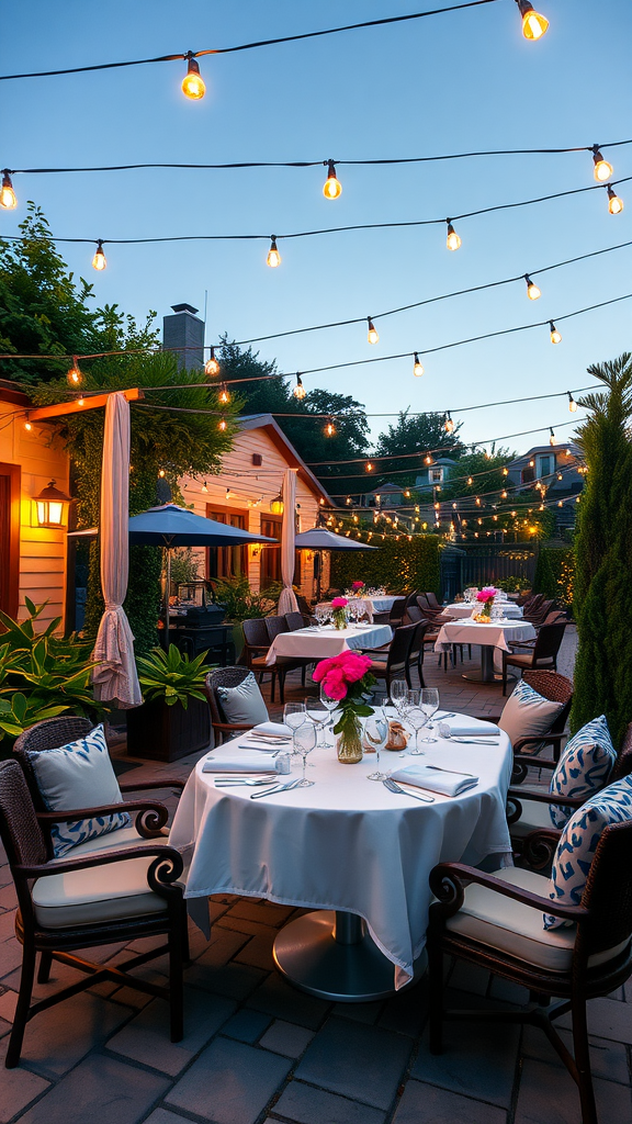 A beautifully set outdoor dining area with string lights and flowers on tables.