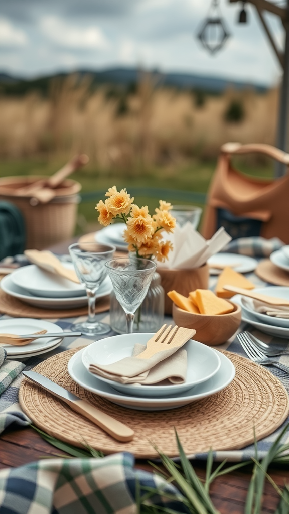 A beautifully set outdoor dining table with dishes, utensils, and flowers.