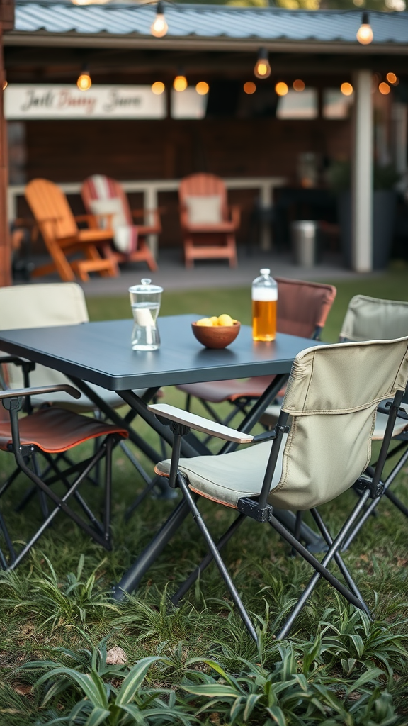 A simple outdoor setup with folding chairs and a table, perfect for casual gatherings.