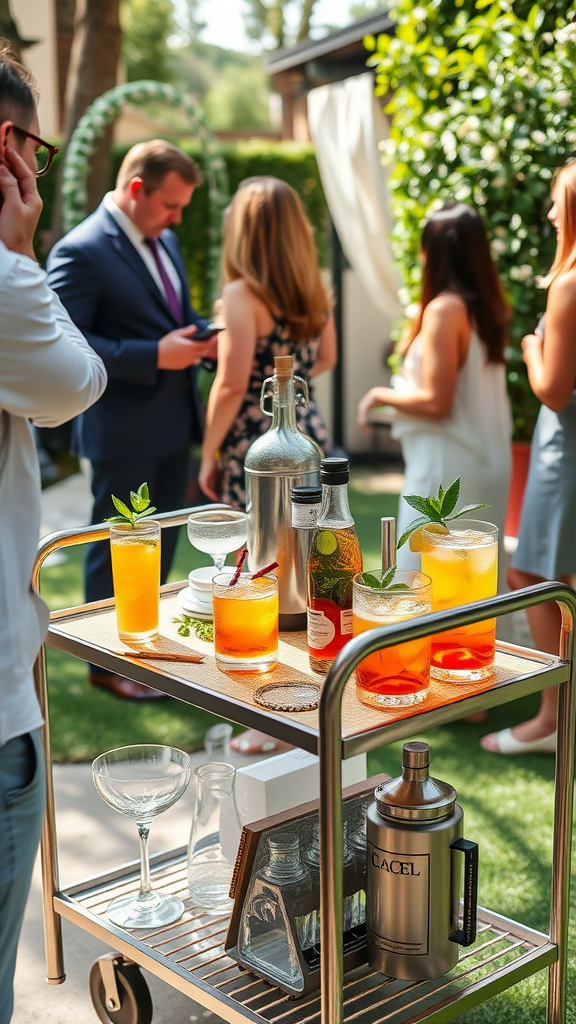 An outdoor beverage station with cocktails on a cart during a social gathering.