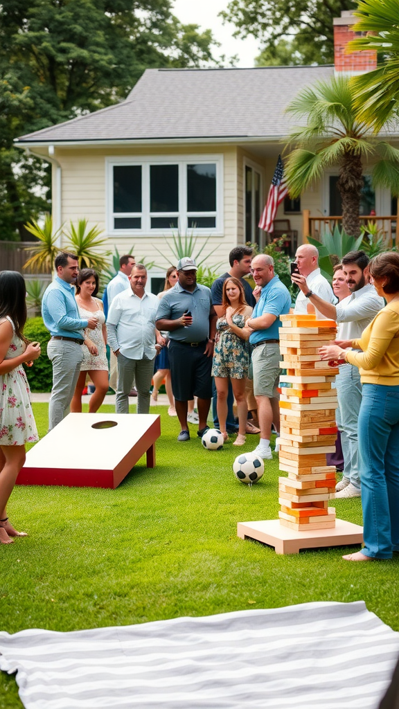 A group of people enjoying outdoor games like giant Jenga and bean bag toss in a backyard setting.