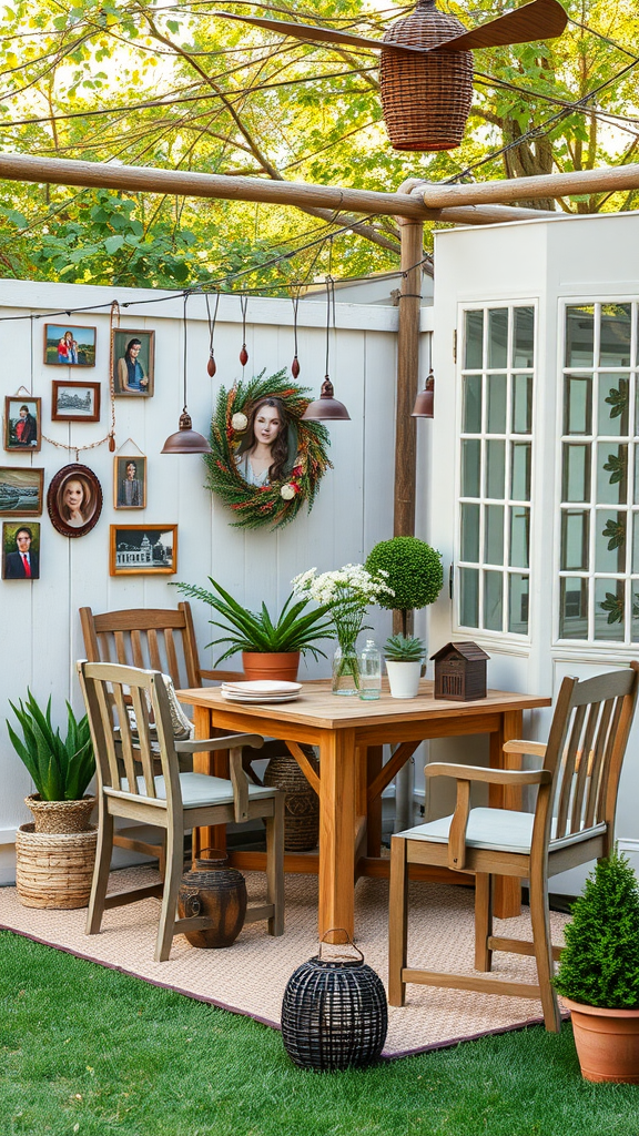 A charming outdoor space featuring a wooden table, chairs, and decorative plants, ideal for entertaining.